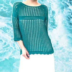y2k Open-Knit Peacock Teal Crochet Tunic, Size Petite M